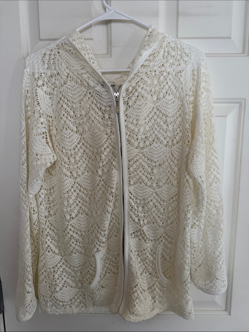 Norm Thompson Knit Crochet Lace Zip Hoodie Top White M Cotton Boho Festival M